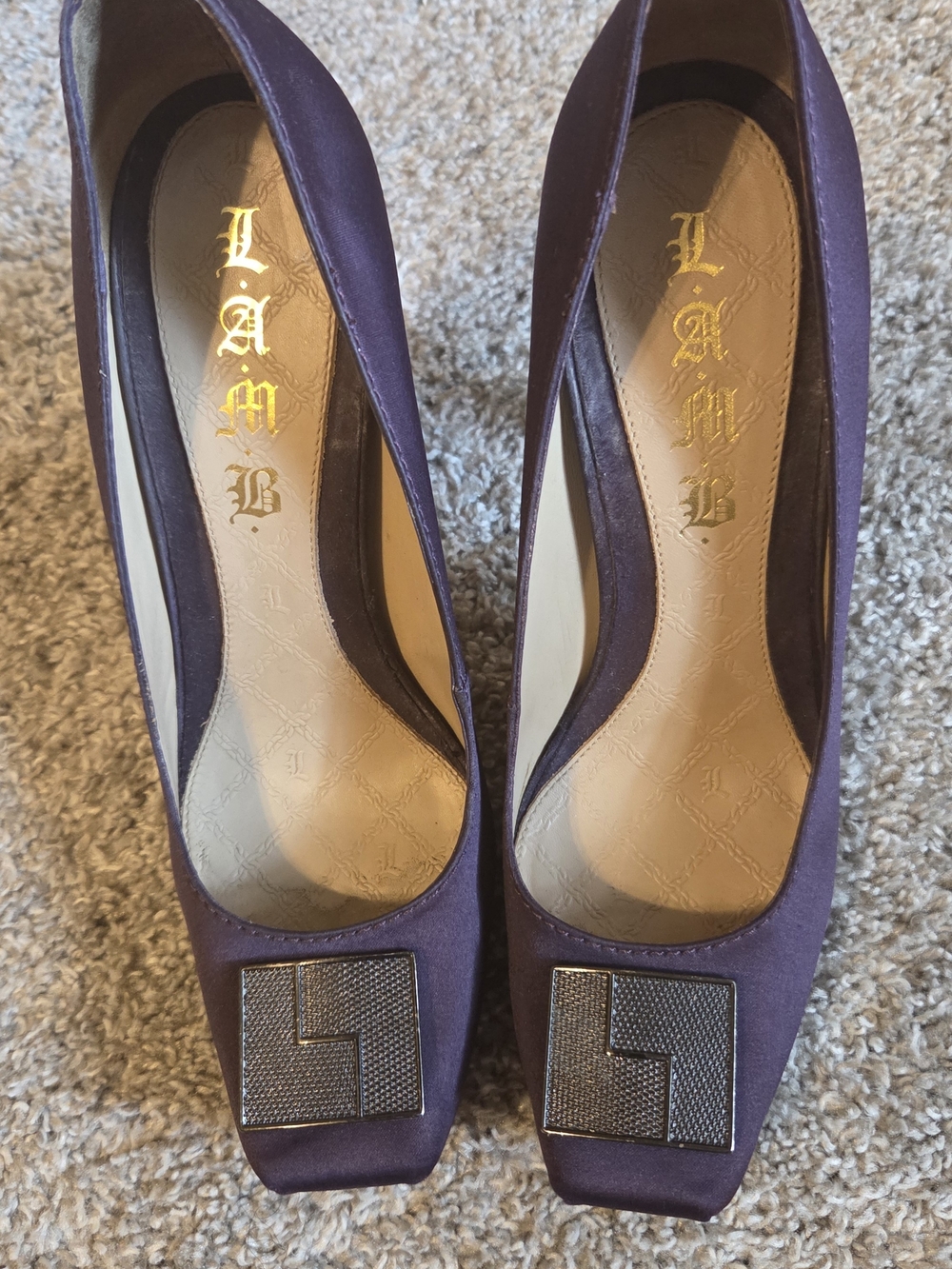 L.A.M.B. Purple Satin Square-Toe Pumps with Decorative Buckle